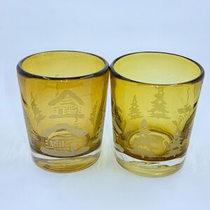 Home Studio Glass Etched Double Old-Fashioned Woodland Amber Glasses Set of 2